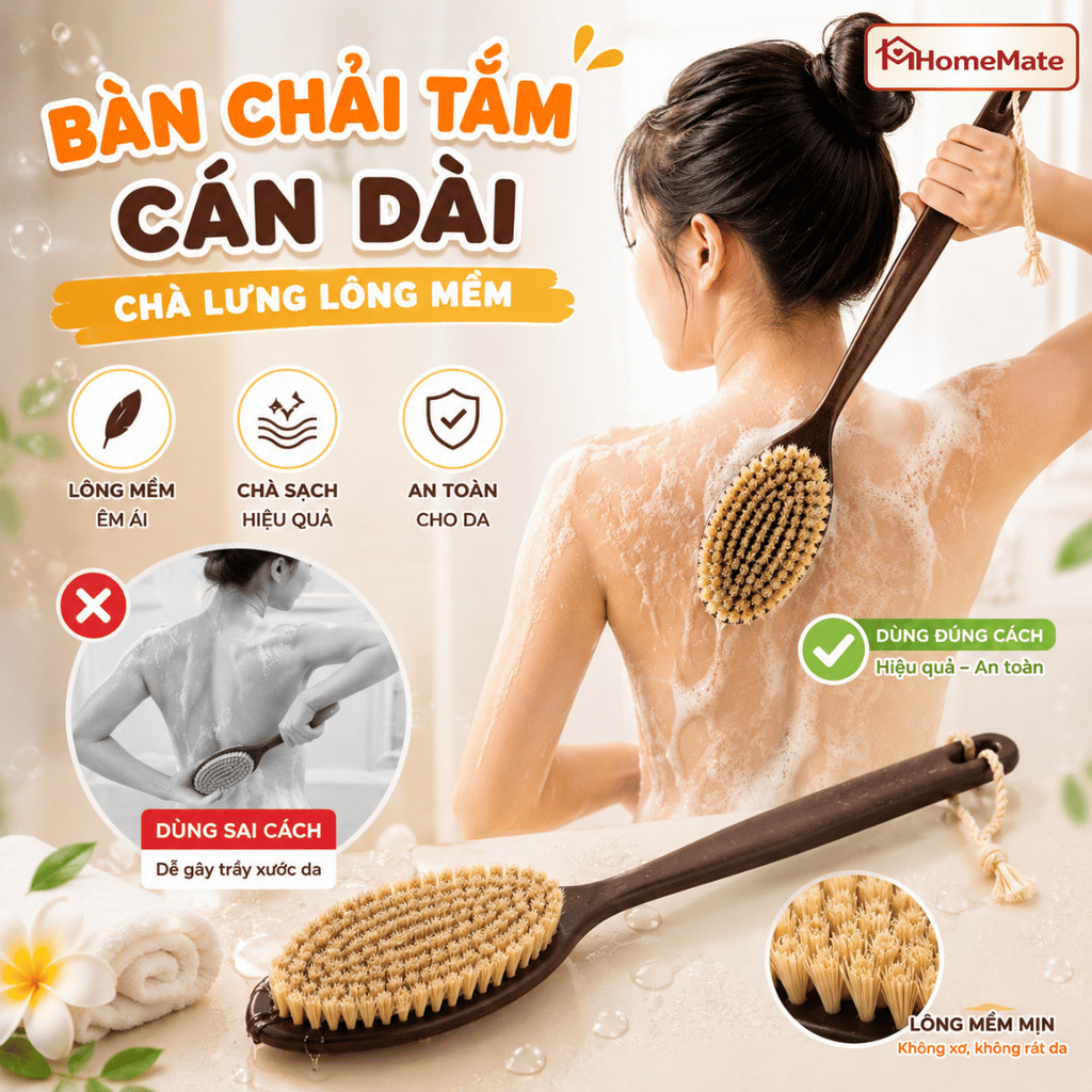 Bàn Chải Tắm Chà Lưng HomeMate Cán Dài Lông Mềm, Cọ Tắm Massage Tẩy Tế Bào Chết Toàn Thân