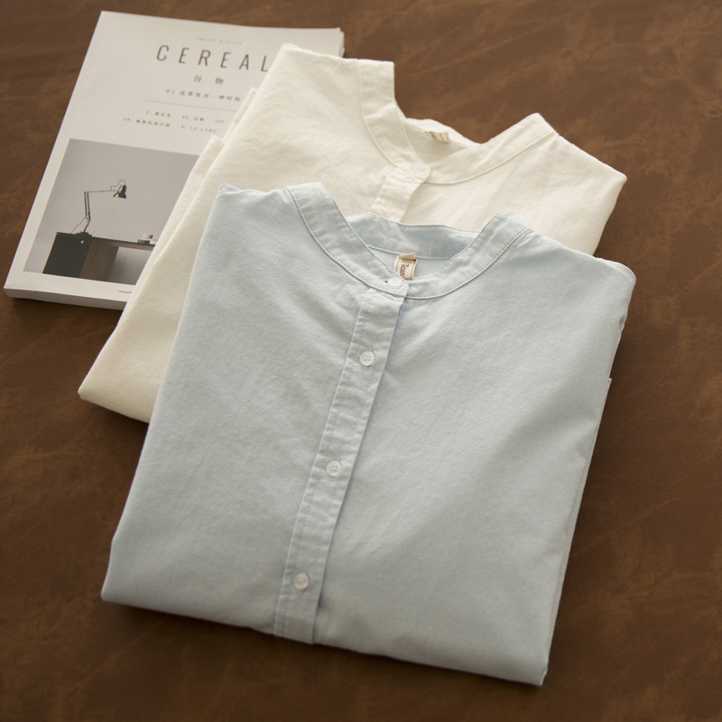 [Hàng có sẵn] Áo sơ mi nữ cotton Xuân Thu cổ đứng dài tay phong cách đại học, áo thẳng xuyên thấu