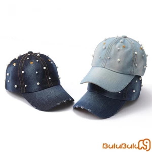Mũ bóng chày Denim nữ Mũ ngọc trai giả trang trí mũ đau khổ cho du lịch ngoài trời