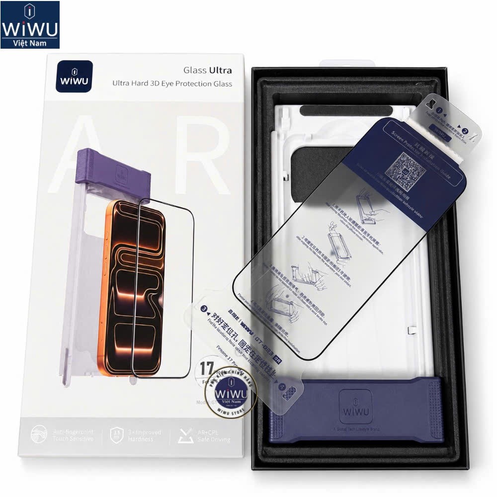 [Chính Hãng] Kính Cường Lực WiWU 3D AR GT-033 iPhone 17 Pro Max 16 Pro Max - Chống Chói AR, Chống Bụi Loa, Kèm Khung Dán