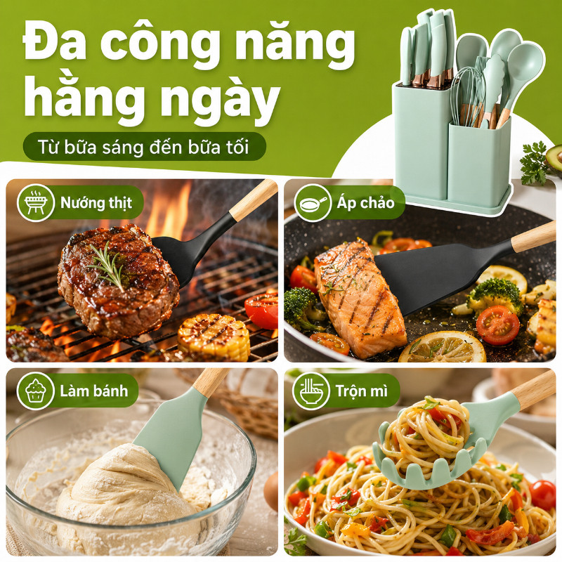 Bộ 19 Món Dao Kéo & Dụng Cụ Nhà Bếp Cao Cấp - Silicon & Thép Không Gỉ, Cán Gỗ, Tặng Kèm Thớt