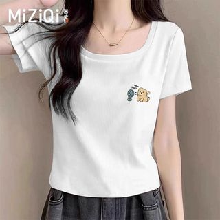 [MIZIQI] Áo thun ngắn tay cổ vuông Cotton nguyên chất dành cho nữ, áo thun ngắn nữ tính hơn