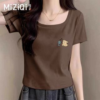 [MIZIQI] Áo thun ngắn tay cổ vuông Cotton nguyên chất dành cho nữ, áo thun ngắn nữ tính hơn