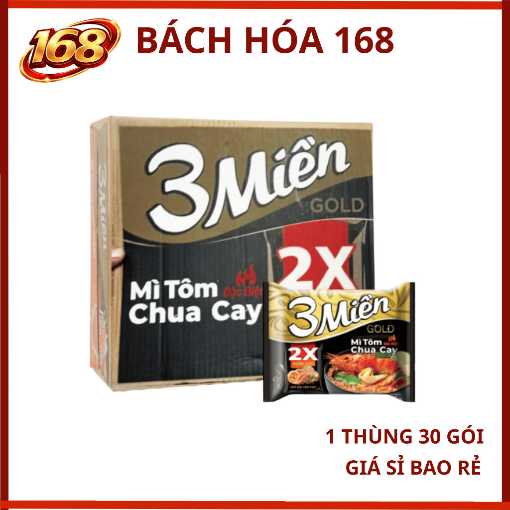 Thùng 30 gói -Mì 3Miền Gold Tôm chua cay đb (2X Nước cốt) 4GGV 75g (30)