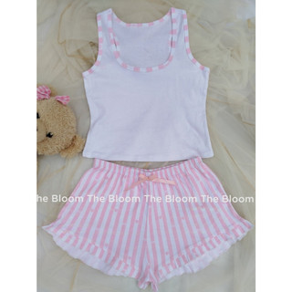Set Ngủ Tiểu Thư Áo Ba Lỗ Trắng Phối Viền Kèm Quần Short Đính Nơ Viền Bèo Sọc Trắng Hồng | BD015