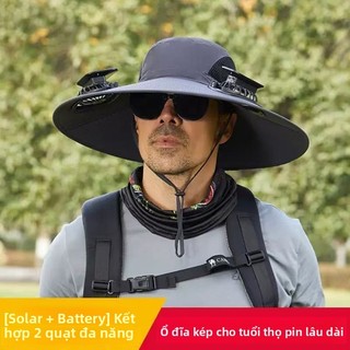 Quạt đôi năng lượng mặt trời Mũ chống nắng ngoài trời Vành lớn chống tia cực tím Mũ câu cá có thể sạc lại ổ đĩa kép làm mát Mũ xô