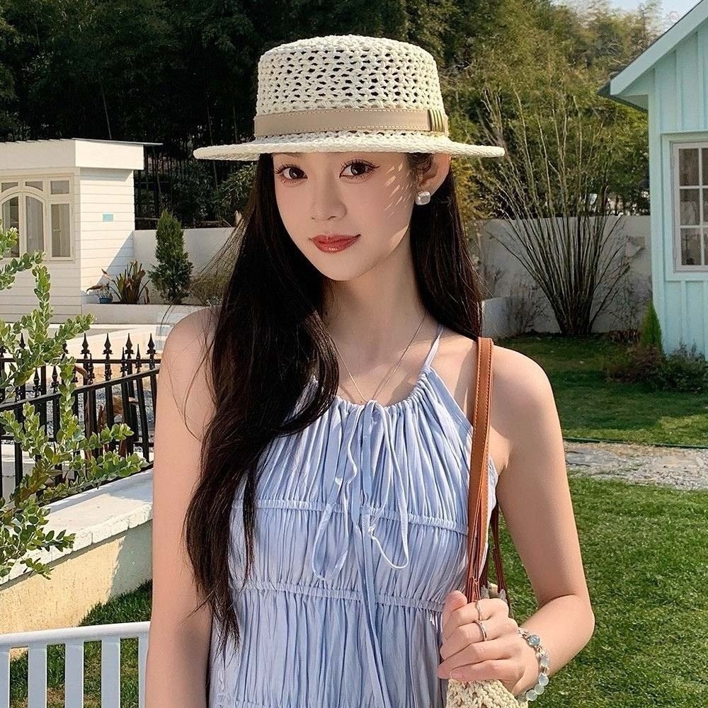 Mũ thuyền ống hút SENRTY, Chống nắng Lưới thoáng khí Mũ chống nắng dệt tay, Mùa hè cổ điển Fedora Nhẹ có thể điều chỉnh rộng vành phẳng Mũ đi biển ngoài trời Khách cưới