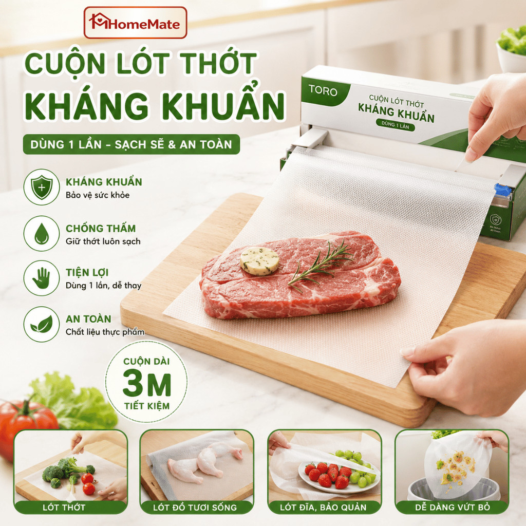 Cuộn Lót Thớt Dùng Một Lần HomeMate Kháng Khuẩn Chống Trơn Trượt, Thảm Lót Thớt Thực Phẩm BPA Free Dài 3M