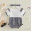 Bé Gái Mùa Hè Houndstooth Romper Tay Ngắn Cổ Tròn 3D Hoa Trang Trí Romper Có Băng Đô