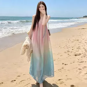 Đầm đeo chéo chuyển màu mùa hè dáng rộng dáng rộng hơn Phong cách lười biếng Kỳ nghỉ bên bờ biển Váy dài phong cách Hàn Quốc