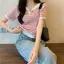 Áo cổ hải quân nữ tay ngắn mùa hè 2026 Phong cách mới Rời sọc lụa mát mẻ Phong cách mỏng dệt kim hợp thời trang phù hợp