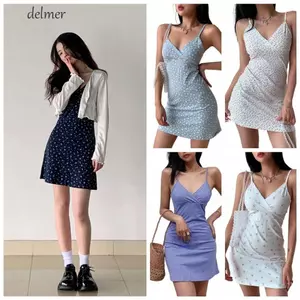Đầm Mini hoa cổ điển DELMER, Váy chữ a lưng cao cổ chữ V Váy hoa dây, Váy dây hoa cổ điển kiểu Hàn Quốc mỏng cổ điển cổ điển dành cho nữ