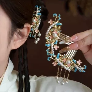 Mới Men Trung Quốc Nhỏ Giọt Men Ngọc Trai Tua Rua Lược Tóc Kéo Tóc Chèn Lược Bấm Sideburn Kẹp Tóc Mặt Sau Bấm Hanfu Kẹp Tóc Phụ Kiện 6.2