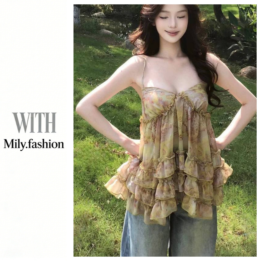 Milyfashion Nhiều Lớp Xù Cổ Chữ V Thiết Kế Mùa Hè Niche Hot Girl Voan Top YE7G