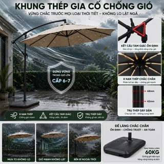 Ô Dù Lệch Tâm Tròn 3m xoay 360° dù gấp gọn che nắng sử dụng ngoài trời cafe sân vườn Ô Chắc Chắn