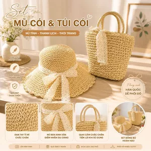 Túi mũ cói móc ren vintage 2026, phụ kiện thời trang hoàn hảo cho nàng thơ.