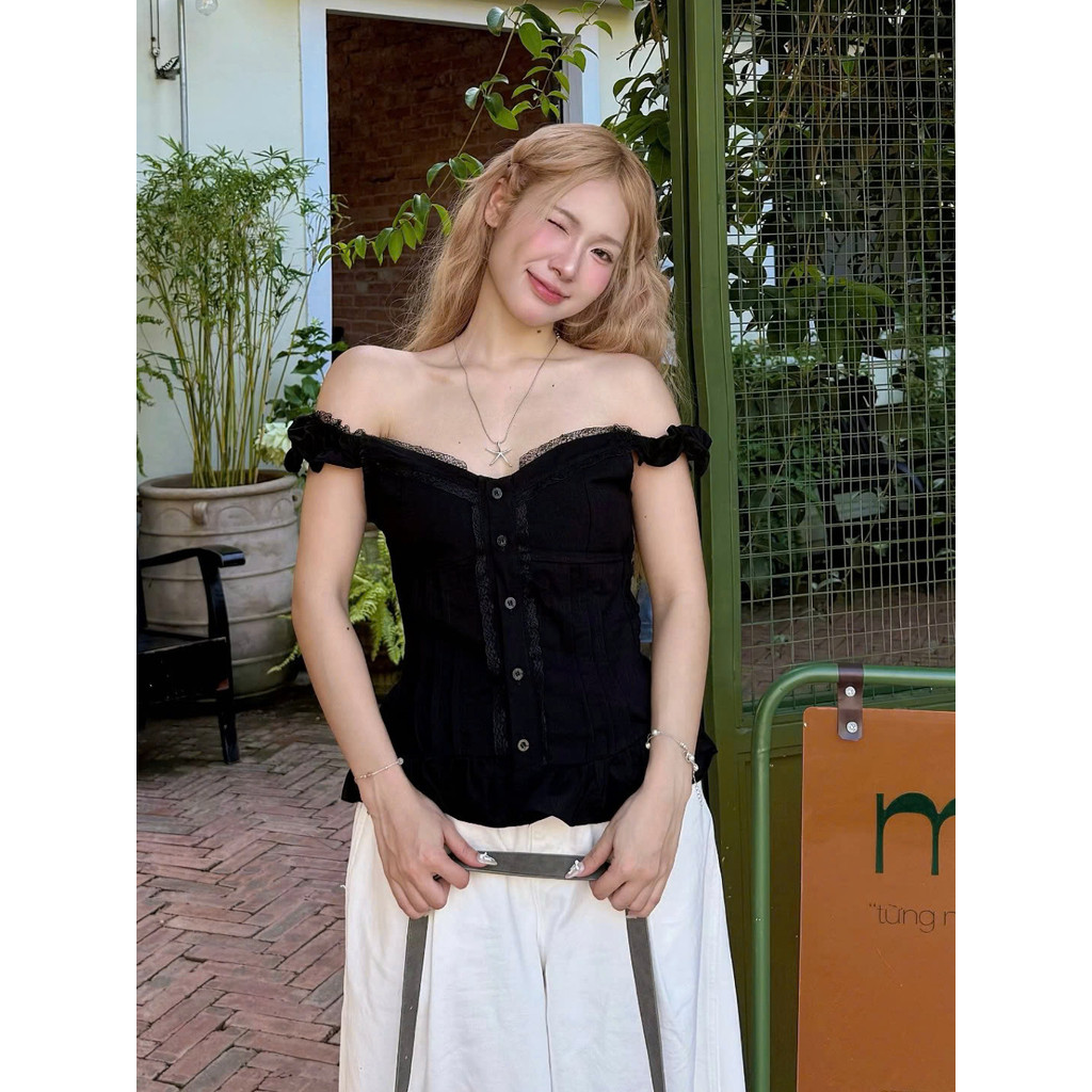 Áo Babydoll Kiểu Xinh Nữ Vạt Xòe Phối Cúc Bọc Vải Mùa Hè SS2025 - KA534 Shees Thời Trang Nữ