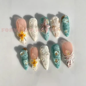 10 Chiếc Đầu Móng Tay Hình Hạnh Nhân Với Ngọc Trai Sao Biển-Thiết Kế 3D Họa Tiết Lấp Lánh Bấm Móng Tay Cho Nữ Tiệc Cưới