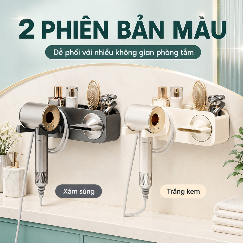 Giá Đỡ Máy Sấy Tóc Treo Tường – Nhôm Hàng Không ABS, Dán Tường, Có Khe Móc Dây Điện & Ngăn Đựng Đồ