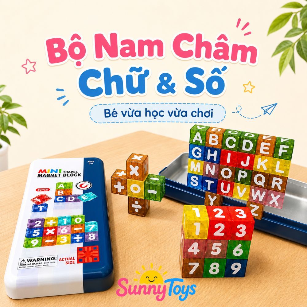 Bộ Nam Châm Chữ Cái Và Chữ Số SunnyToys 40 Chi Tiết - Kèm Hộp Sắt Cho Bé Vừa Học Vừa Chơi