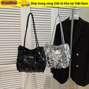 Túi Tote GỖ NHẤT, Túi Đeo Vai Đóng Dây Kéo Màu Trơn, Túi Xách Thời Trang Lấp Lánh Dung Tích Lớn Nữ