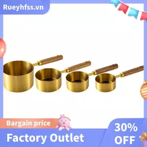 Bộ cốc đo bằng thép không gỉ tay cầm bằng gỗ dùng làm bánh, cà phê, pha chế - Dụng cụ nhà bếp