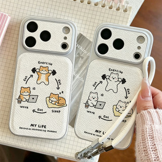 Ốp điện thoại hình mèo "My Life Cycle" ngộ nghĩnh cho iPhone 17 / 16 / Pro Max / 15Plus / 14 / 13 / 12 / 11 / Kết cấu da phủ kim loại Bảo hiểm toàn diện Vỏ bảo vệ dây buộc da và chống sốc