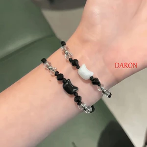 Vòng tay cặp đôi DARON, Thiết kế tối giản Vòng tay dệt thỏ Obsidian bằng đá mặt trăng, Vòng tay mèo đính cườm dễ thương màu đen độc đáo cho
