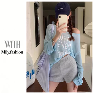 Milyfashion In Chữ Off-the-Shoulder Ice Silk Dệt Kim Kem Chống Nắng Dài Tay Áo Thun Mùa Hè Mỏng Rời