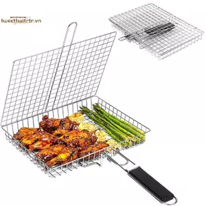 TRTR Giỏ Nướng Gấp Di Động Inox Nướng BBQ Giỏ Có Tay Cầm Cho Cá Rau Tôm Phụ Kiện Nấu Ăn VN