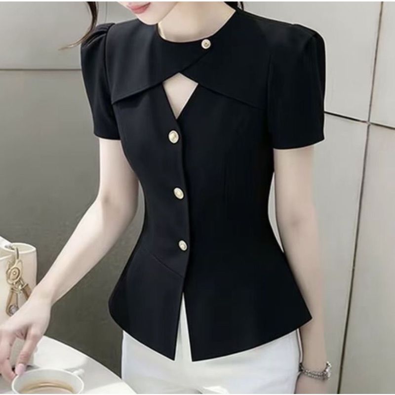 [Thời gian có hạn Seckill] Áo sơ mi nữ màu đen 2026 Phong cách mới Ánh sáng người Kiến thức cao Mặc tính khí Thiết kế cao cấp Cảm giác rỗng eo hẹp ngắn