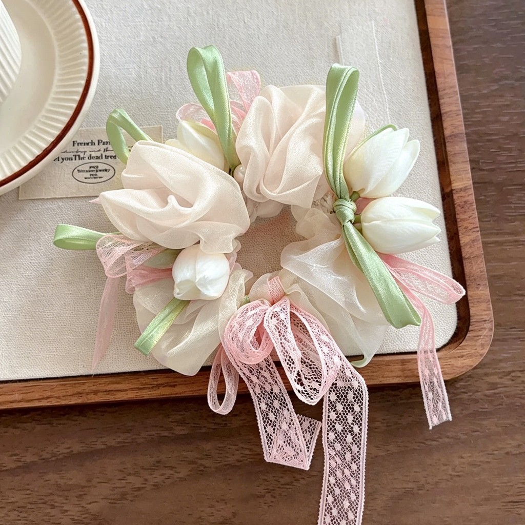 2026 Phong Cách Mới Nơ Bóng Đầu Cuộn Dây Tóc Tulip Gạc Tóc Nhẫn Nữ