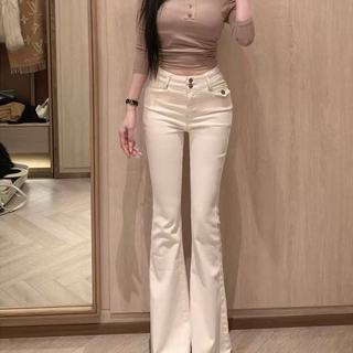 Quần jean nữ ống loe trắng vintage wash rách phối màu cạp cao ôm sát phong cách streetwear