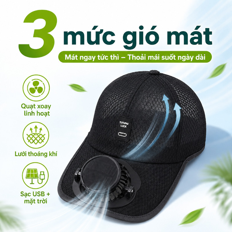 Mũ Năng Lượng Mặt Trời Có Quạt, Sạc USB - Chống Nắng, Thoáng Khí, Chống UV, Cho Cắm Trại, Câu Cá, Đạp Xe
