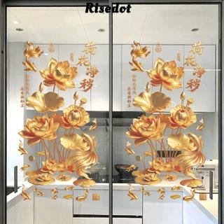 RISEDOT 2 miếng dán tường sen vàng, dán cá koi hoa nhựa chống tĩnh điện phong cách Trung Hoa cho cửa kính phòng tắm/khách/ngủ