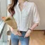 Áo sơ mi thêu trắng nữ mùa hè dáng rộng dáng rộng hơn Áo sơ mi cổ chữ V tay năm điểm Áo thun thêu