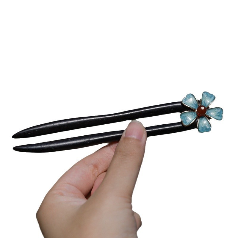 Kẹp tóc phong cách Trung Hoa hoa xanh cổ, cuộn tóc đơn giản, phụ kiện tóc 13cm bằng gỗ