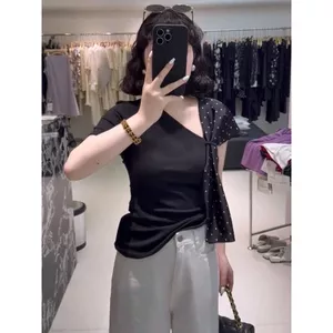 Áo thun ngắn tay chấm bi cổ tròn kiểu Pháp dành cho nữ Thiết kế mùa hè Niche Khâu không đều Đáy cao cấp