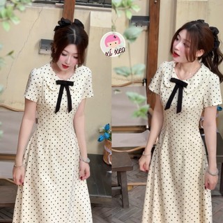 Váy maxi chấm bi cổ sen đính nơ họa tiết chiết eo nhẹ nhàng dáng xòe, váy đầm tiểu thư
