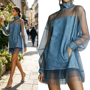 BTF Nữ Cổ Đứng Denim Đầm Ngắn Có Lưới Đèn Lồng Tay Và Lưng
