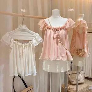 Tính khí ngọt ngào Xù cổ phẳng nhỏ tay bay Voan Top Nữ Mùa hè Tính khí thời trang Slimer Look All-Match