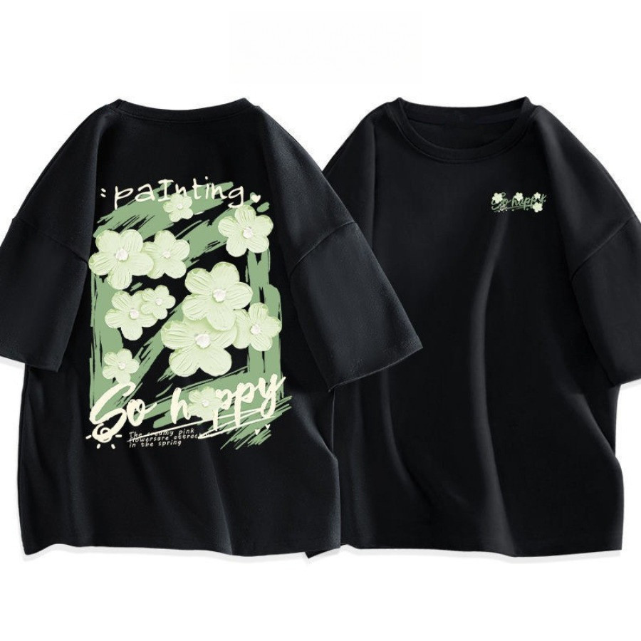 （Giao hàng 24h）Angela Áo Thun Nữ, Áo Phông Unisex Mã TN So Happy Chất Cotton Thoáng Mát Form Rộng Tay Lỡ Cho Nam Nữ