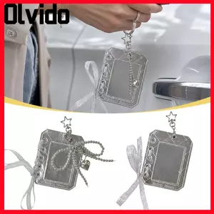 OLVIDO 1 Hộp Đựng Photocard 3 inch, Vỏ Thẻ Bạc PU, Nơ IINS Đính Hạt Trái Tim Móc Khóa Tay Áo Kpop Photocard