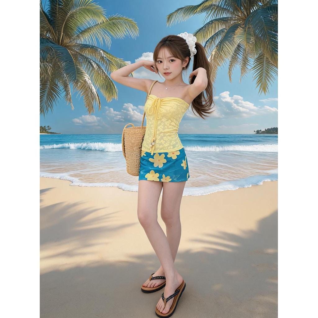 2026 Phong Cách Mới Hot Girl Gợi Cảm Ren-Up Ống Top Mùa Hè Váy Hoa Hông Váy Ba Mảnh Đồ Bơi Nữ