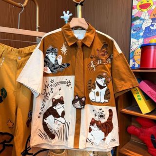 Mèo Vui Nhộn Khâu Thêu Áo Sơ Mi Tay Ngắn Hoạt Hình Hàng Hóa Phong Cách Retro Áo Thường Ngày