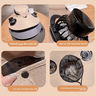 Quạt đôi năng lượng mặt trời Mũ chống nắng ngoài trời Vành lớn chống tia cực tím Mũ câu cá có thể sạc lại ổ đĩa kép làm mát Mũ xô