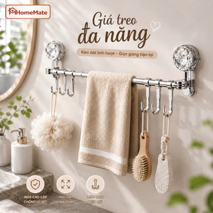 Giá Treo Khăn Mặt HomeMate Cốc Hút Chân Không, Thanh Treo Khăn Nhà Tắm Co Giãn Không Khoan Kèm Móc Treo Dép