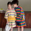 Bộ đồ trẻ em Phiên bản Hàn Quốc Quần Short ngắn tay sọc đầy màu sắc Bộ đồ hai mảnh dành cho trẻ em Bộ đồ thường ngày cổ tròn