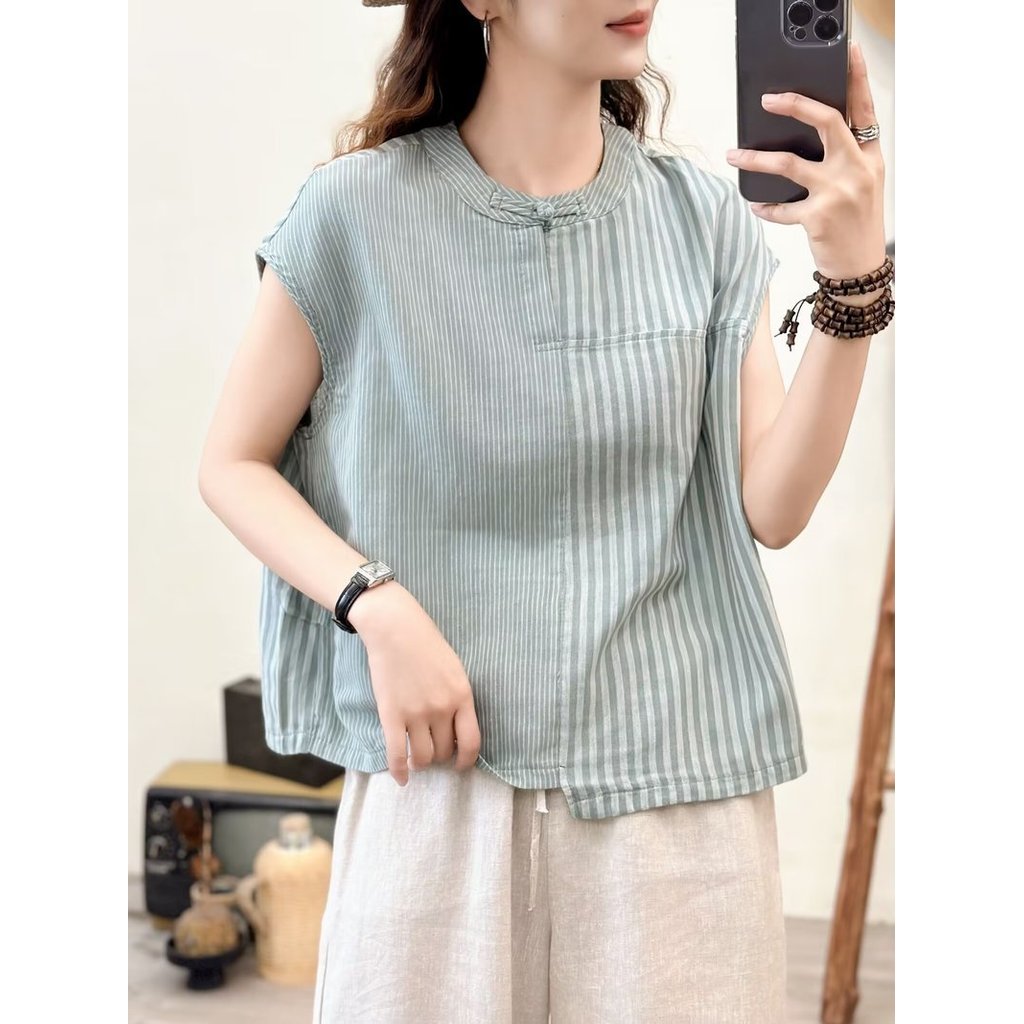 [Hàng có sẵn] Áo sơ mi nữ Cotton chất lượng cao Khâu sọc, Áo chui đầu viền không đều, Tay ngắn