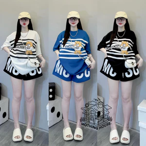 Bộ đồ in sọc gấu Quần Short tay ngắn Bộ đồ hai mảnh mùa hè giảm tuổi